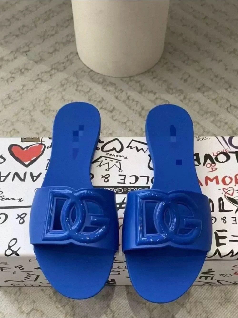 Dolce & Gabbana Royal Blue DG Logo Slide Sandals